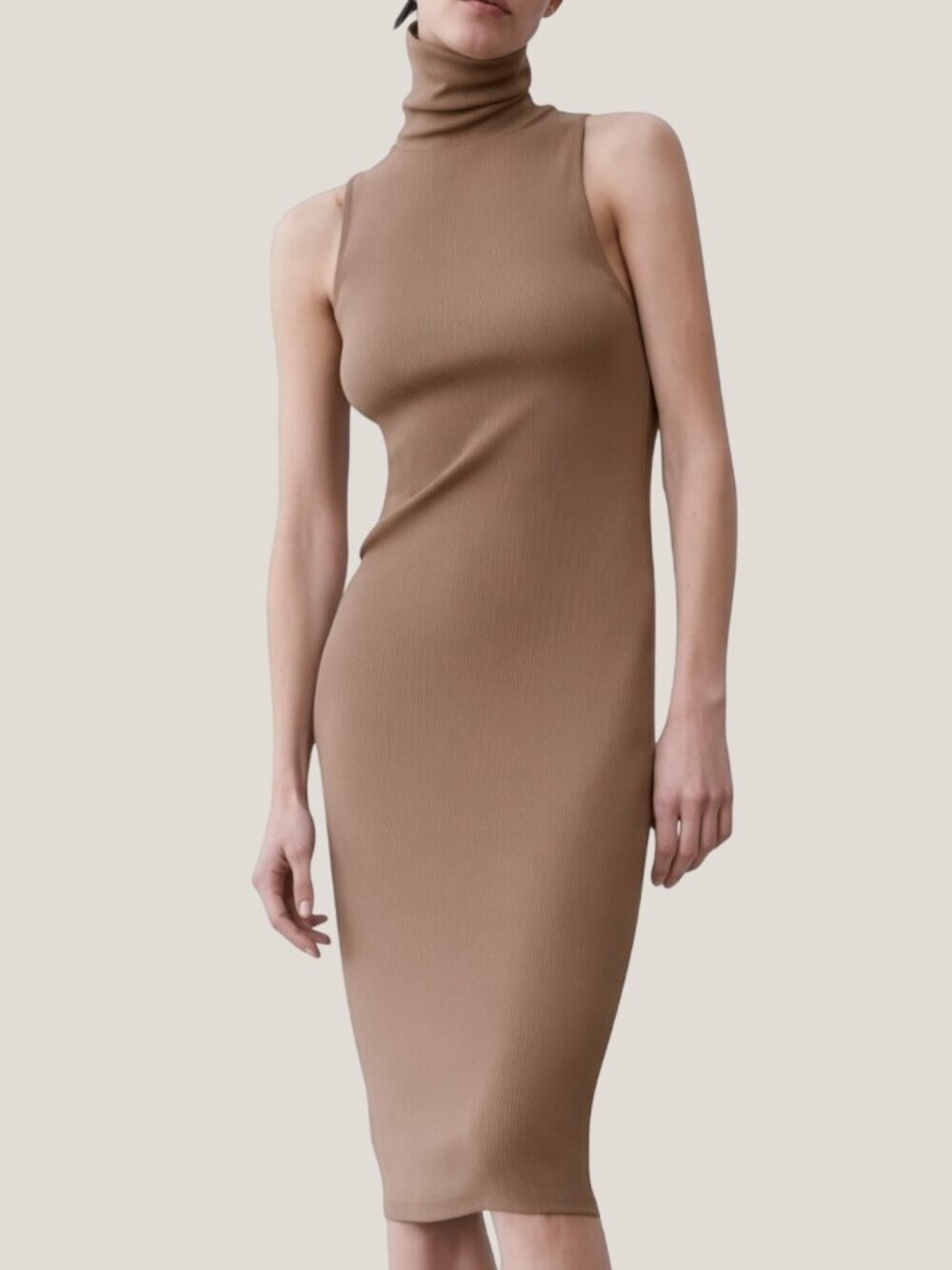 Zara Mock Neck Ribbed Midi Dress Tan Small - Picture 1 of 12